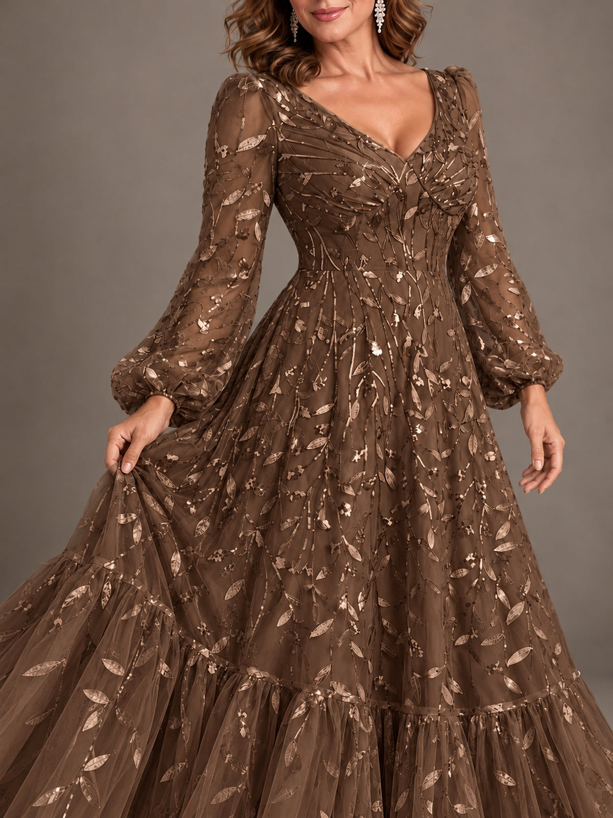 Floral Sequin Embroidered A-Line Mother of the Bride Dress with Long Sleeves