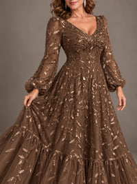 Floral Sequin Embroidered A-Line Mother of the Bride Dress with Long Sleeves