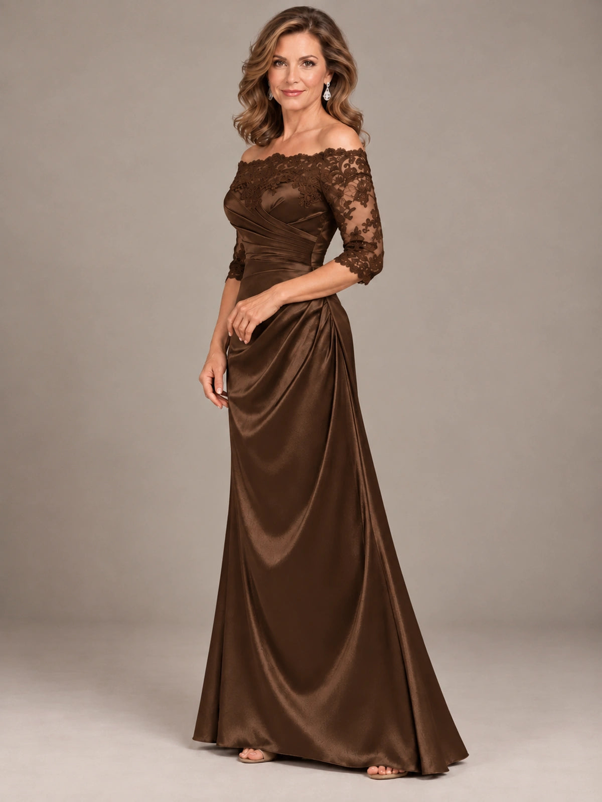 Satin Mother of the Bride Dress with Lace Sleeves Off Shoulder Formal Gown