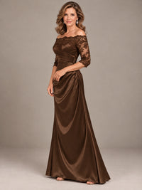 Satin Mother of the Bride Dress with Lace Sleeves Off Shoulder Formal Gown