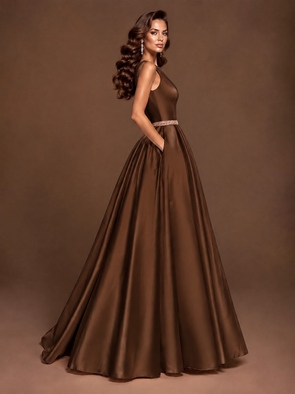 Satin A-Line Prom Dress Sleeveless Beaded Waist Formal Gown with Pockets