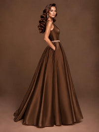 Satin A-Line Prom Dress Sleeveless Beaded Waist Formal Gown with Pockets