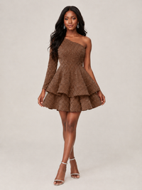 Puffy One Shoulder Sequin Tiered Mini Dress