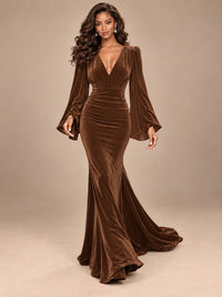 Burgundy Velvet Deep V-Neck Ruched Long Sleeve Maxi Dress