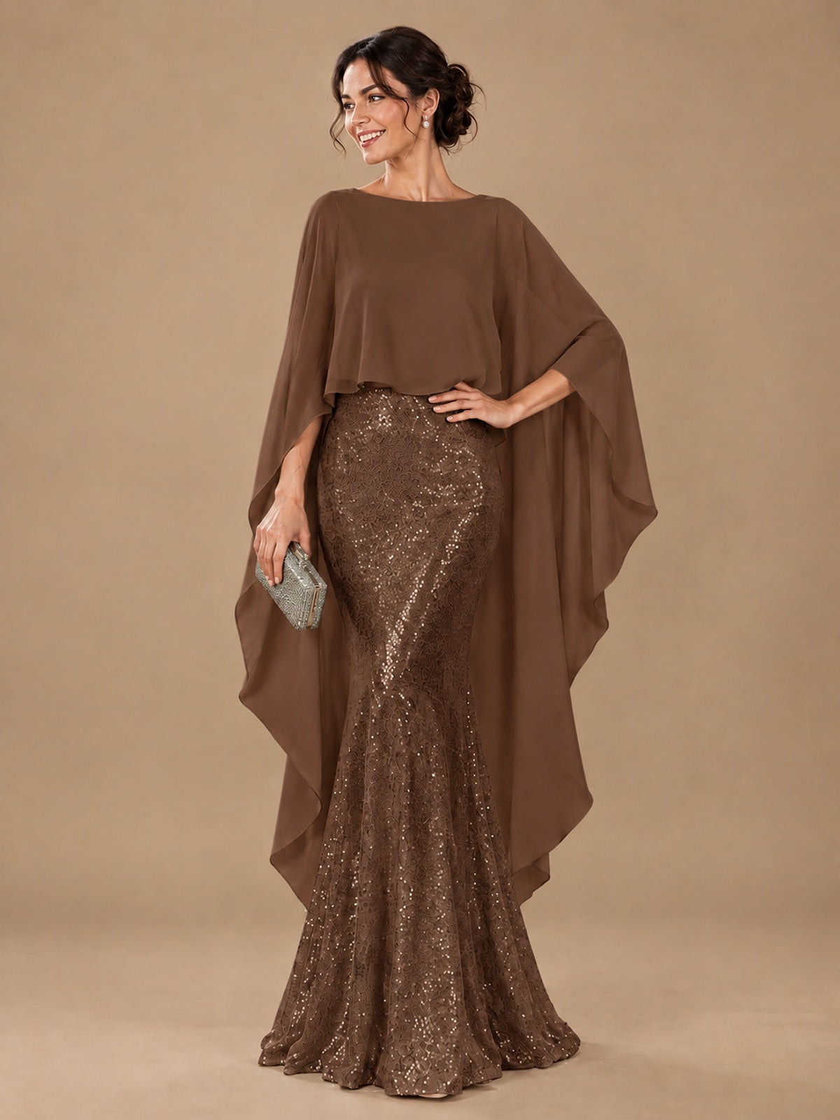 Sequin 2 Pieces Mother of the Bride Dress with Cap Sleeves Chiffon Formal Gowns