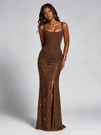 Sequin Corset Mermaid Prom Dress with Square Neck Wide Strap High Slit