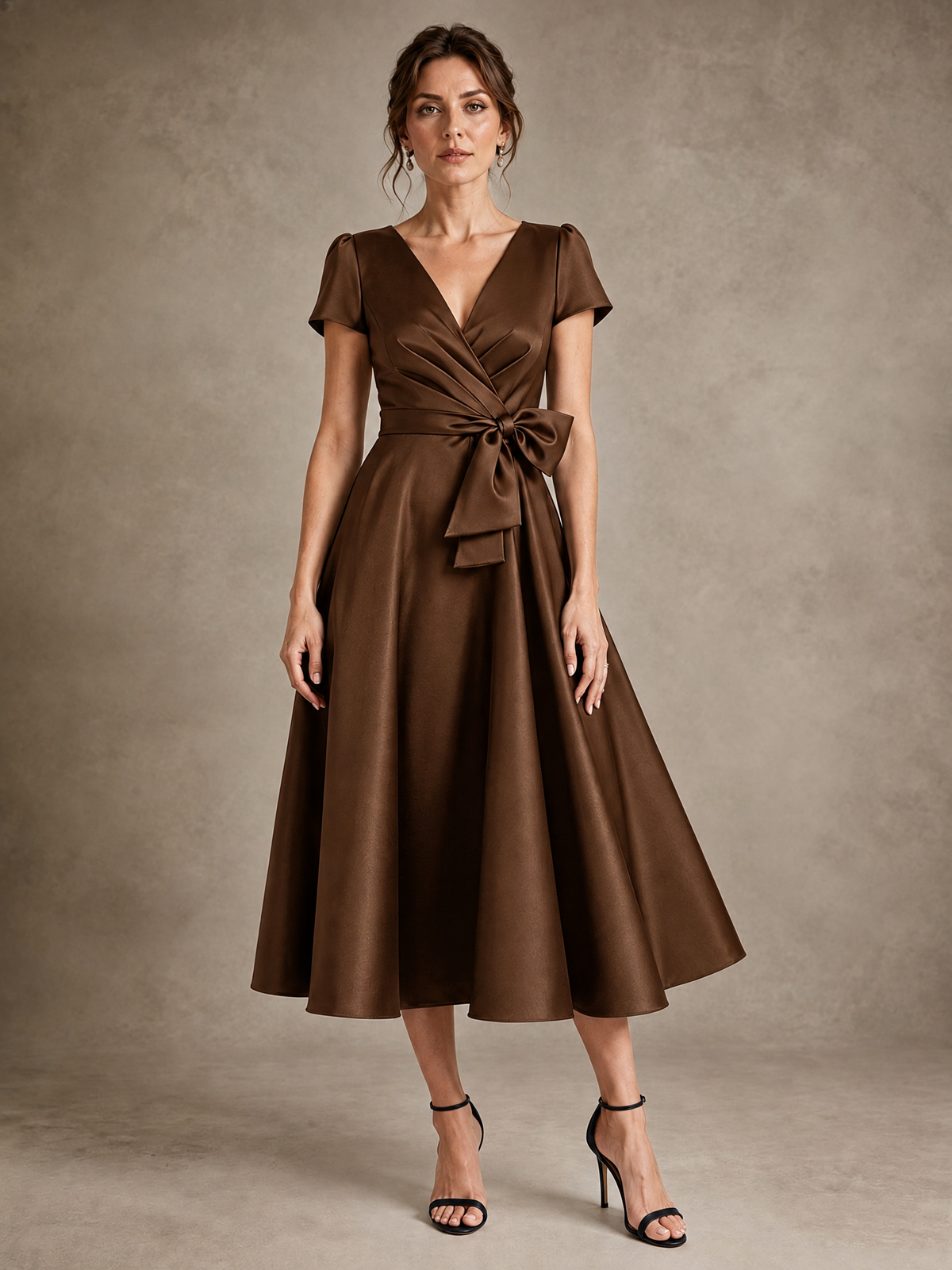 Brown V-Neck Tea-Length Satin Mother of the Bride Dress with Bow Jovellee