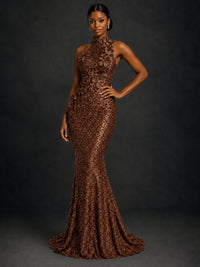 Sparkly Sequin High Neck Mermaid Prom Dress