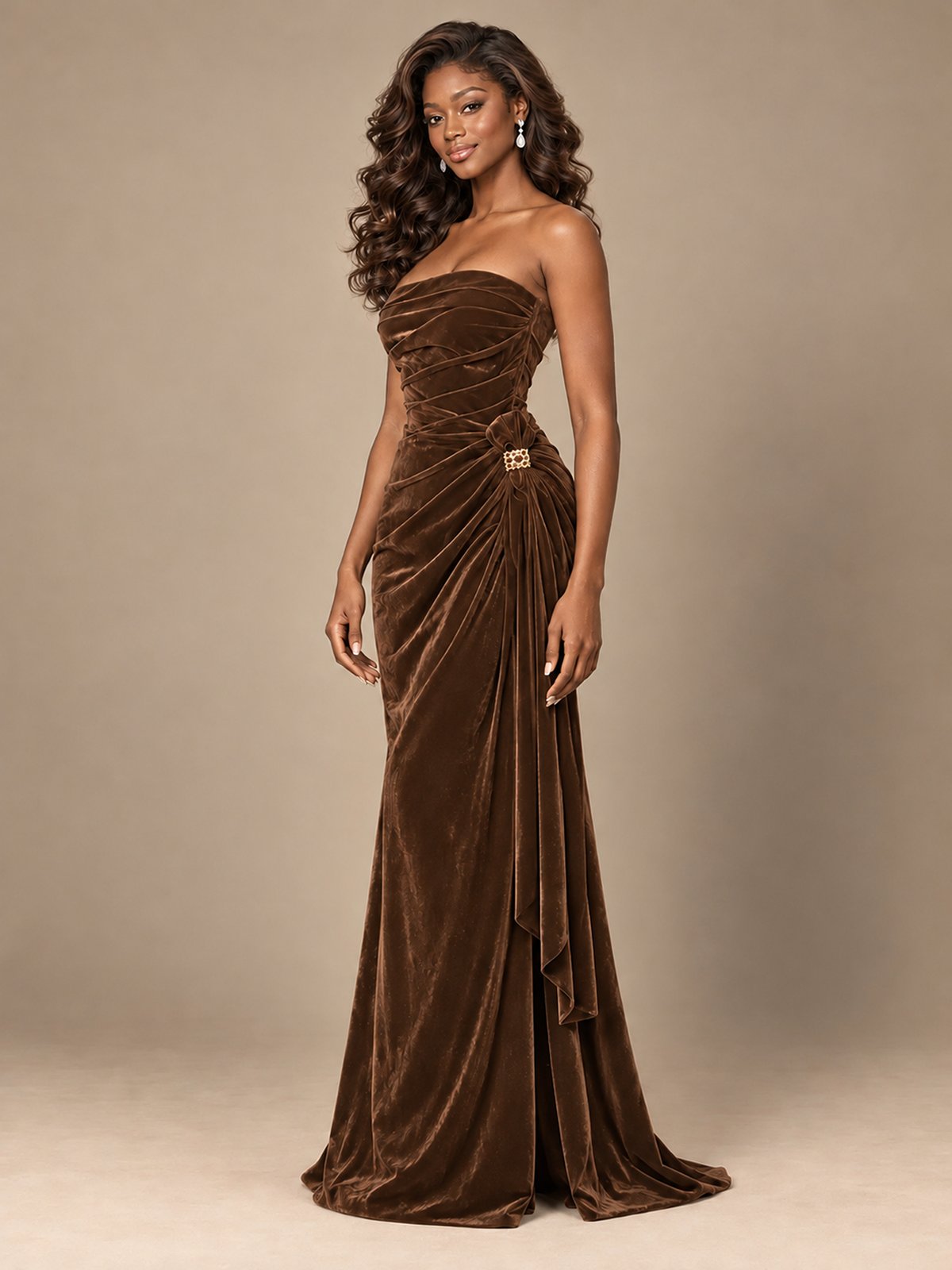 Burgundy Velvet Strapless Ruched Prom Dress with Jeweled Side Drape