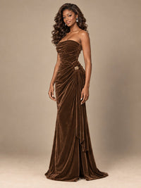 Burgundy Velvet Strapless Ruched Prom Dress with Jeweled Side Drape