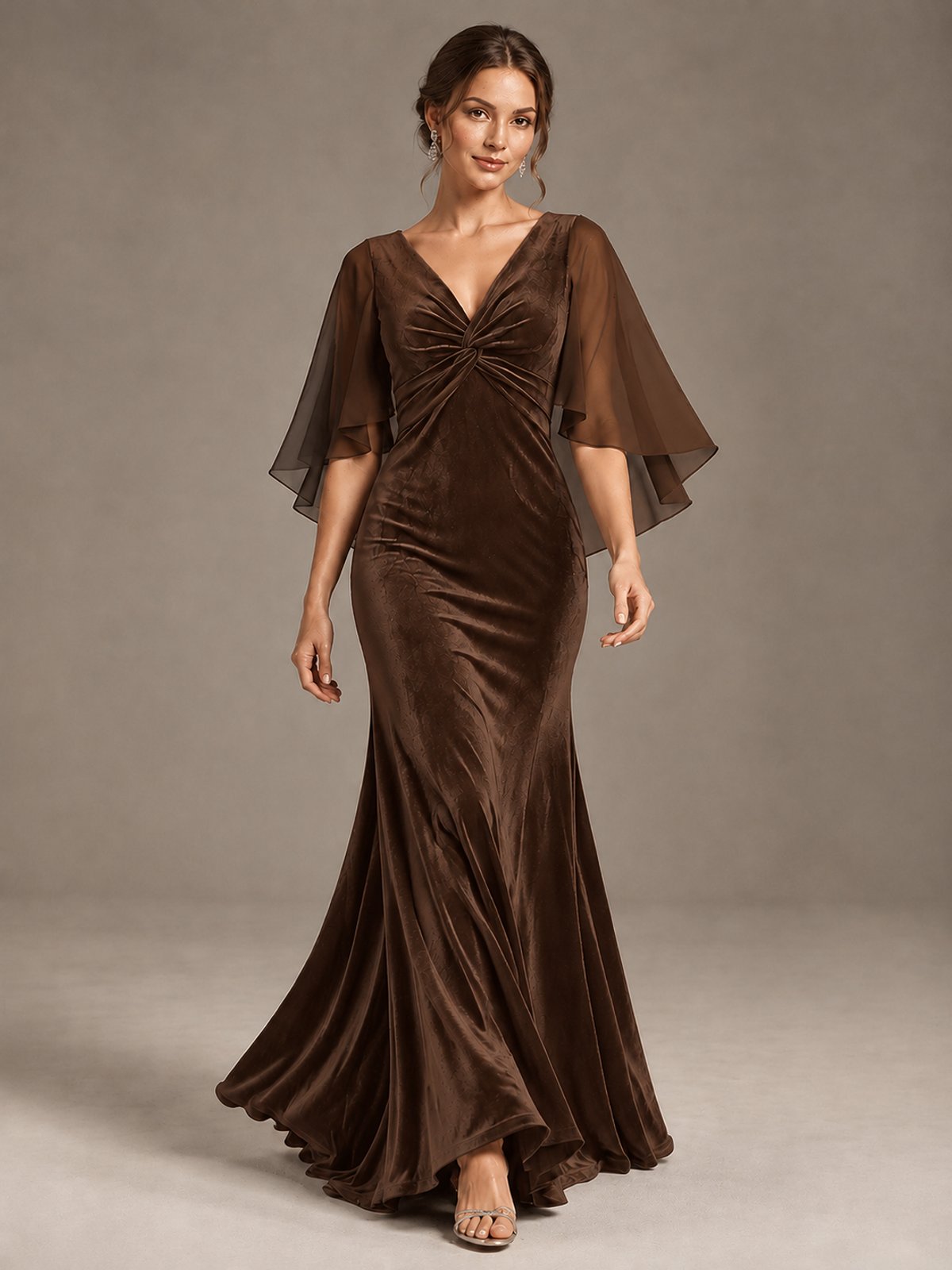 Navy Blue Velvet V Neck Mermaid Formal Dress with Flutter Cape Sleeves