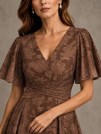 V-Neck Floral Jacquard Tea-Length Mother of the Bride Dress