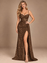 Burgundy Sequin Corset Prom Dress with High Slit