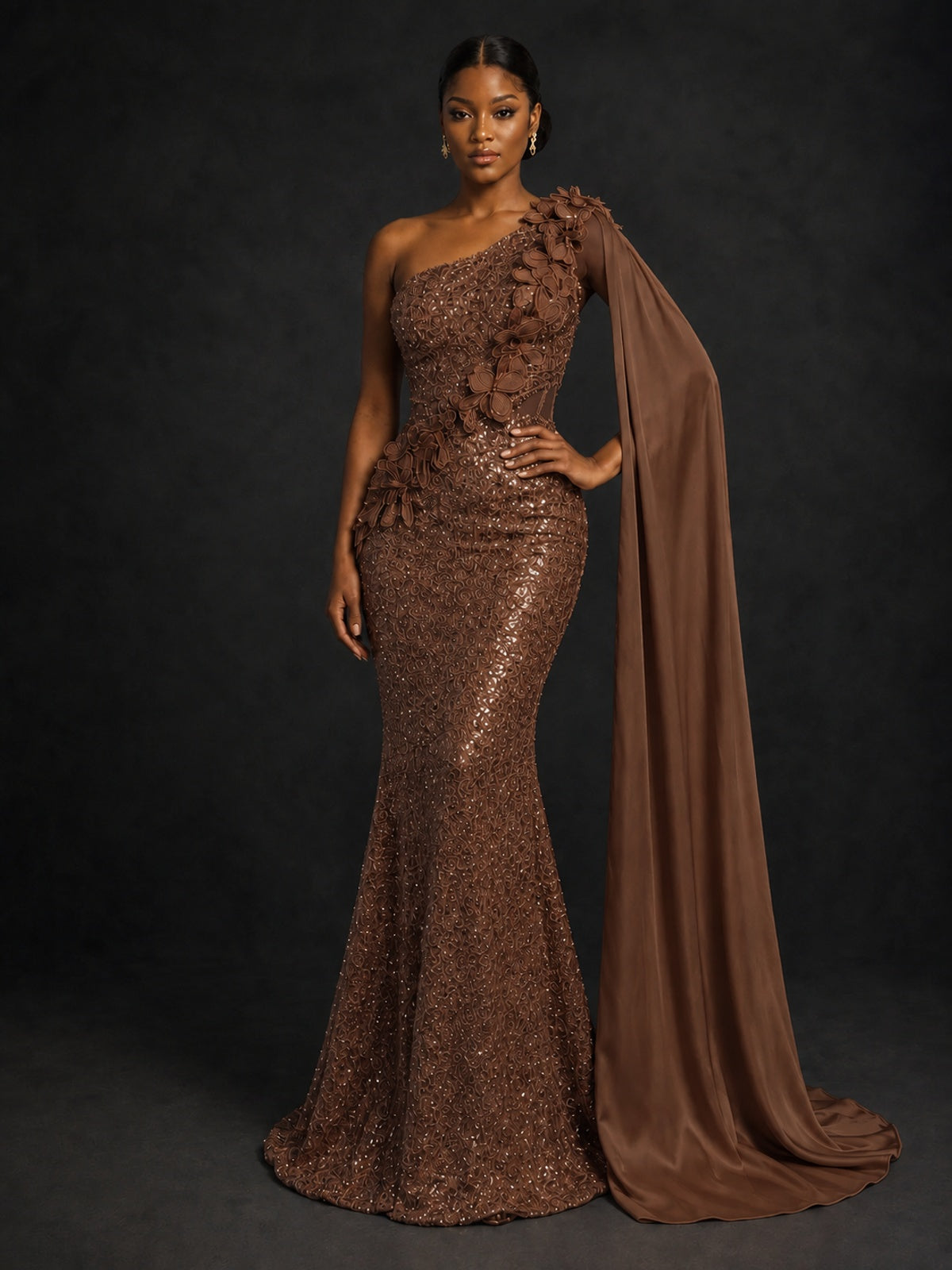 Gold Sequin One Shoulder Mermaid Prom Dress with Cape