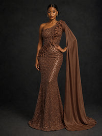 Gold Sequin One Shoulder Mermaid Prom Dress with Cape