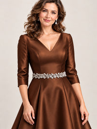 V-Neck Tea-Length Mother of the Bride Dress with Embellished Waist