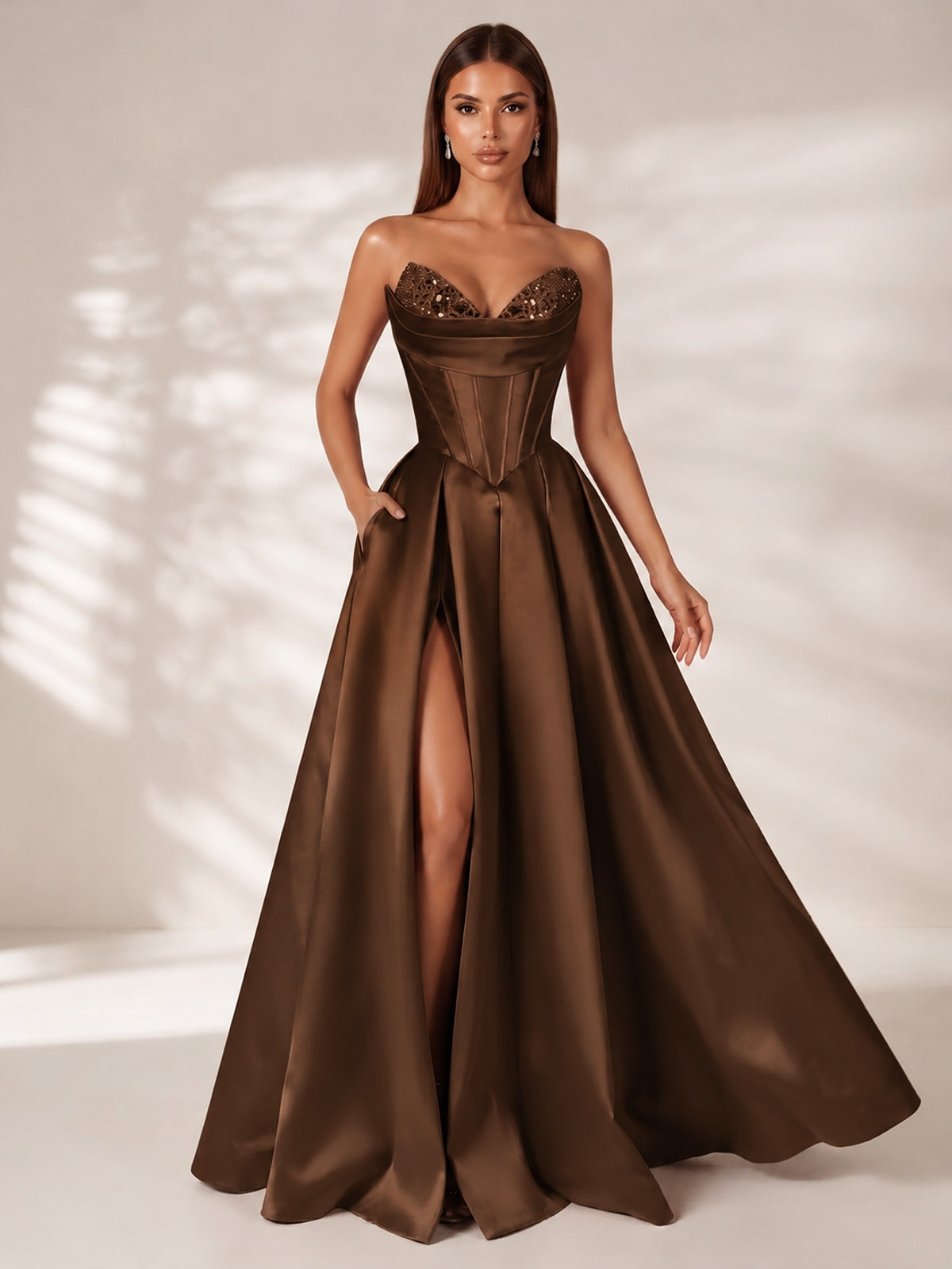 Strapless Corset Satin Prom Dress Long Evening Gown with High Slit