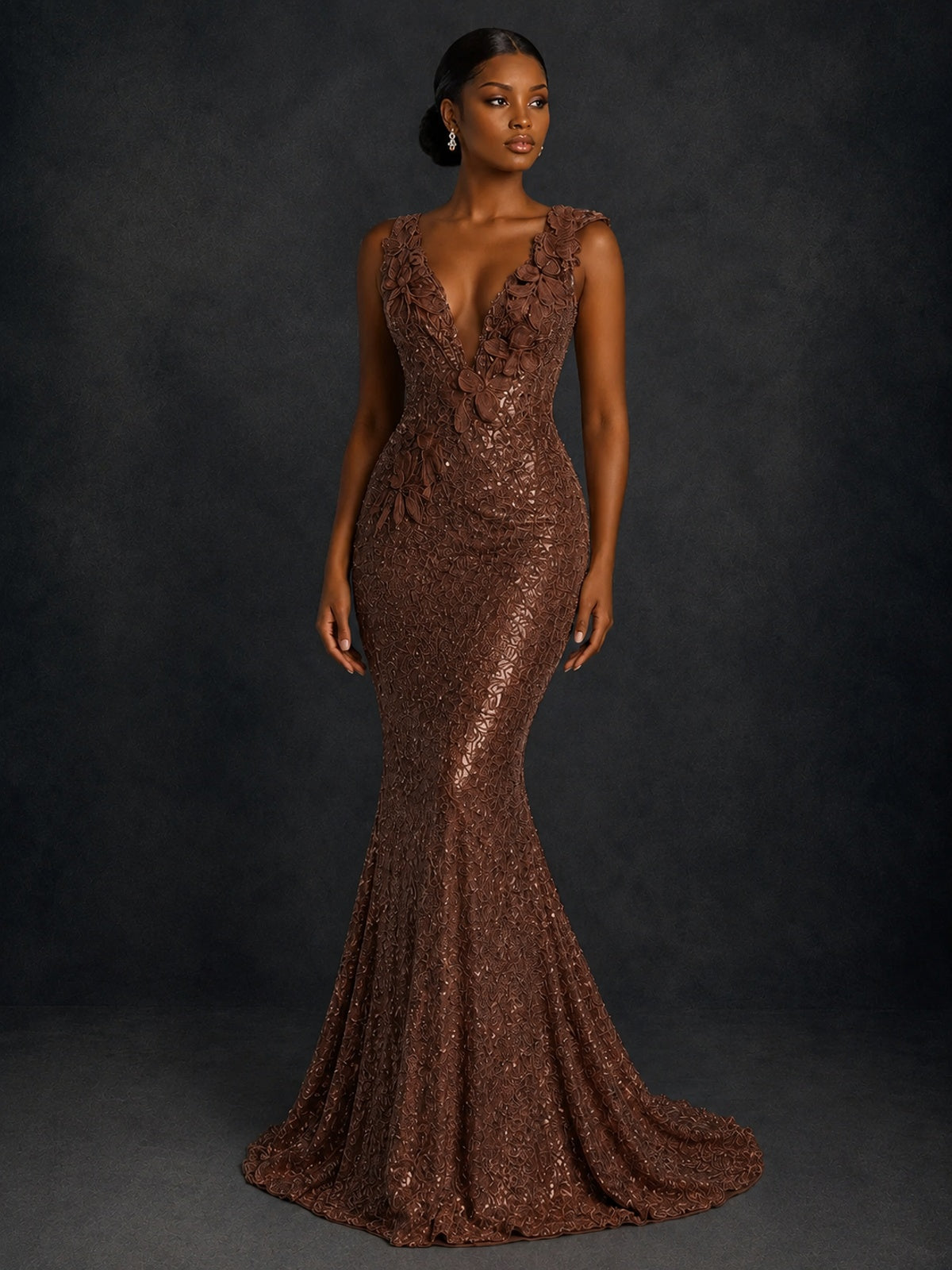 Gold Sequin Floral Applique Mermaid Prom Dress