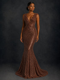 Gold Sequin Floral Applique Mermaid Prom Dress