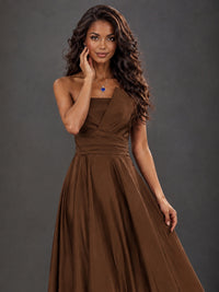 Draped Satin Prom Dress Strapless A-line Formal Dress Floor Length