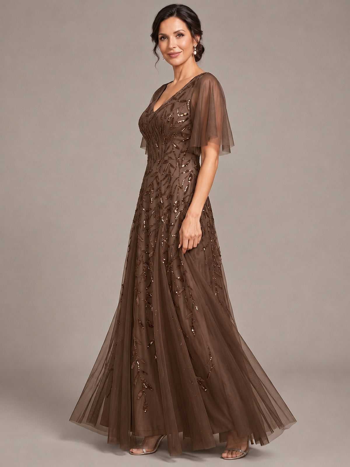 V-Neck Sequin Tulle Mother of the Bride Dress with Flutter Sleeve