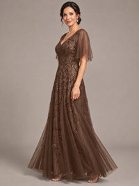 V-Neck Sequin Tulle Mother of the Bride Dress with Flutter Sleeve