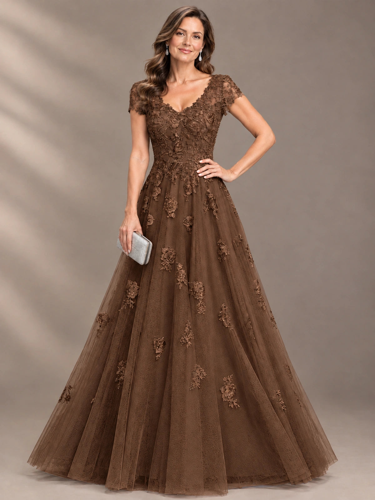 Lace Appliques A-line Mother of The Bride Dresses with Short Sleeves