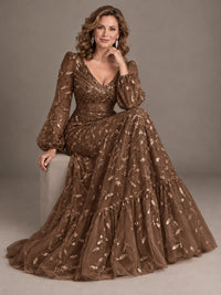 Floral Sequin Embroidered A-Line Mother of the Bride Dress with Long Sleeves