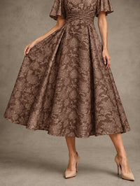 V-Neck Floral Jacquard Tea-Length Mother of the Bride Dress