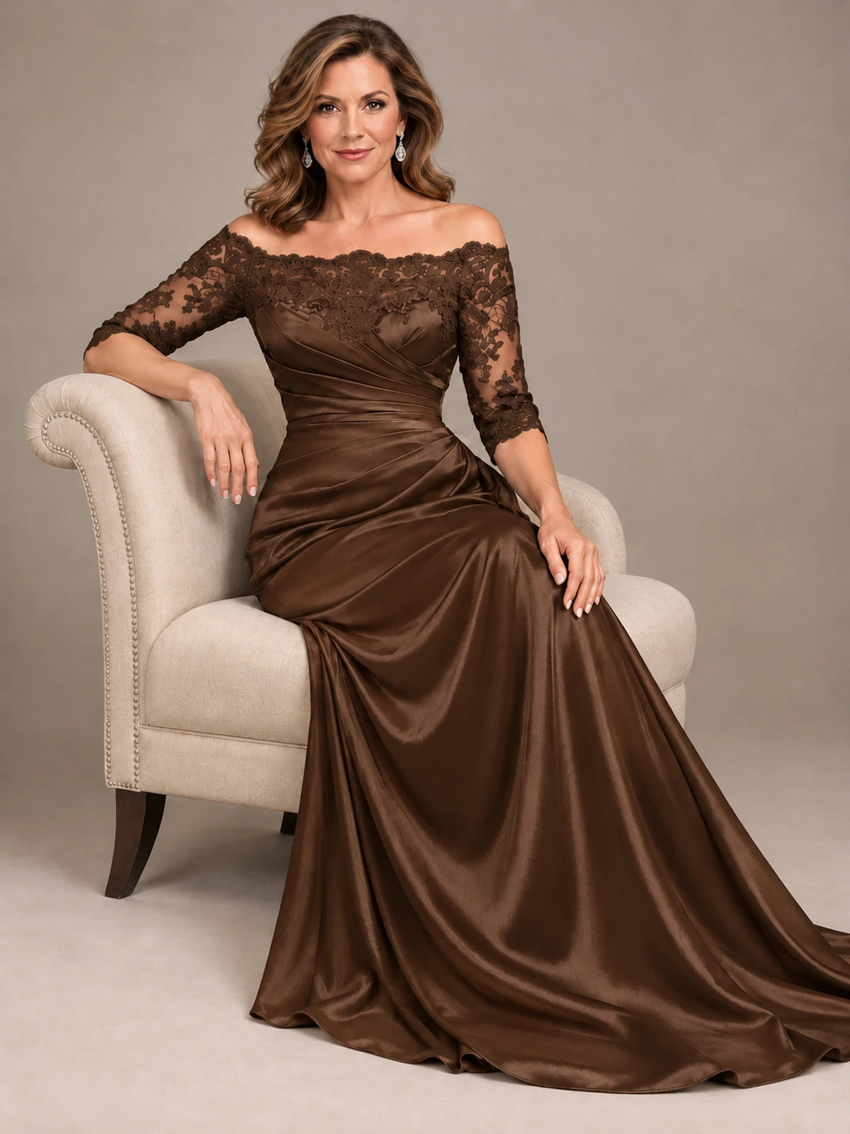 Satin Mother of the Bride Dress with Lace Sleeves Off Shoulder Formal Gown