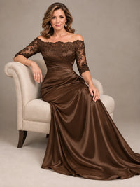 Satin Mother of the Bride Dress with Lace Sleeves Off Shoulder Formal Gown