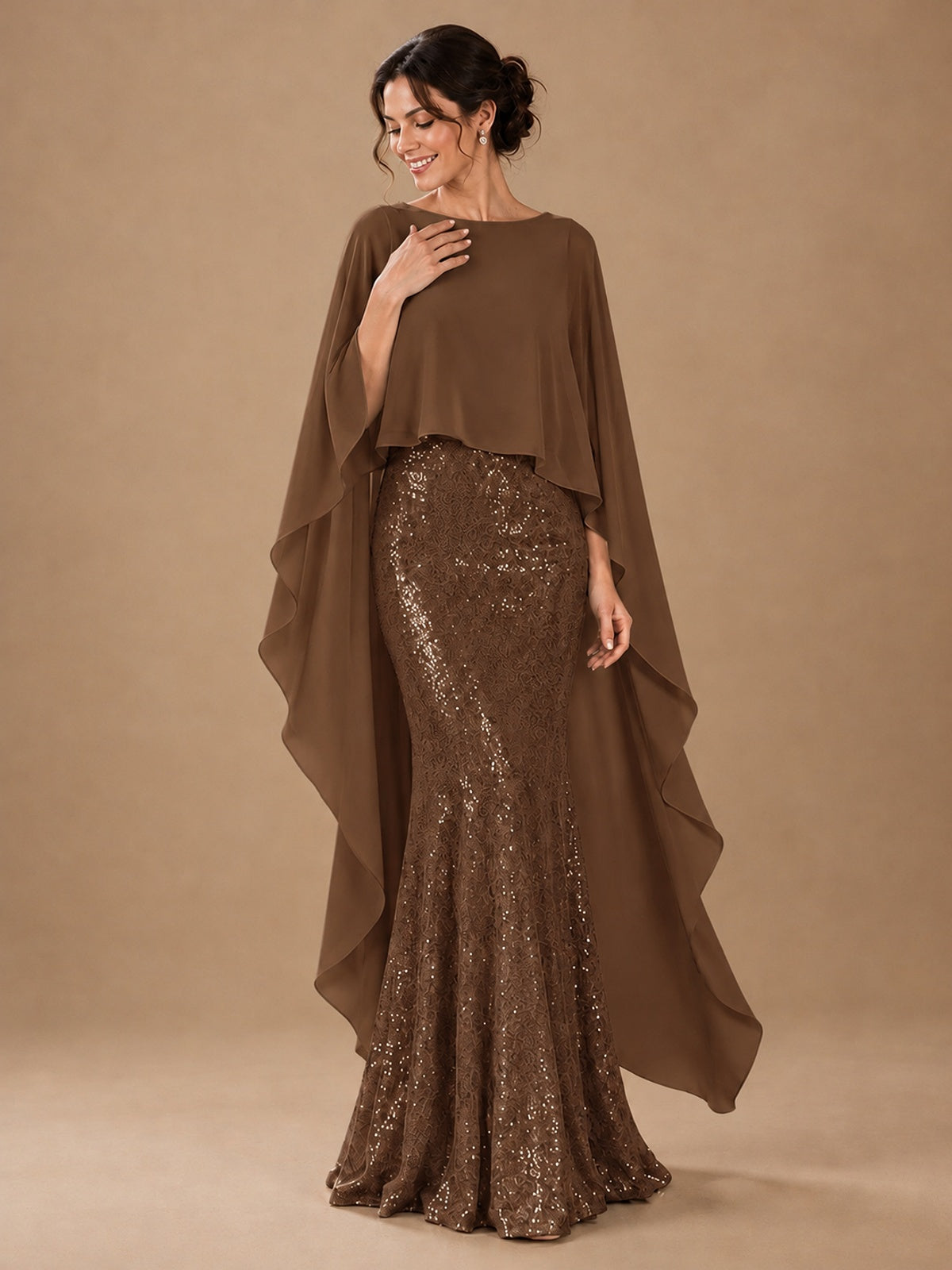 Sequin 2 Pieces Mother of the Bride Dress with Cap Sleeves Chiffon Formal Gowns