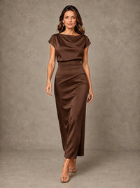 Cowl Neck Satin Mother of the Bride Dress with Ruched Waist