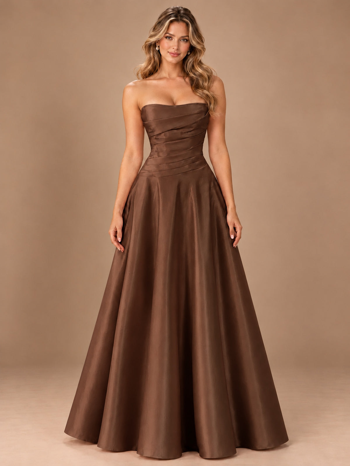 Blush Pink Strapless Satin A-Line Prom Dress with Ruched Bodice