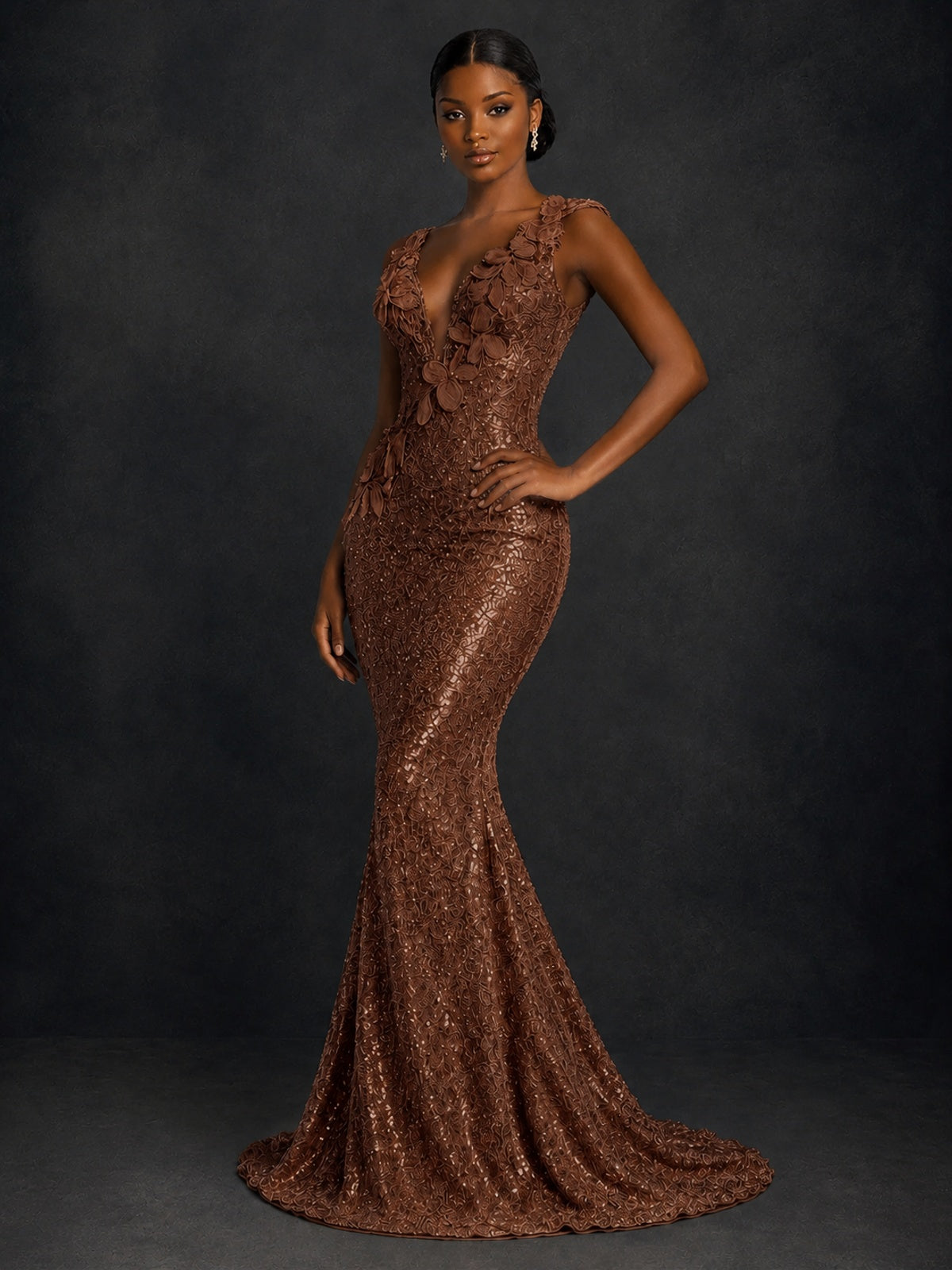 Gold Sequin Floral Applique Mermaid Prom Dress