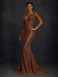 Gold Sequin Floral Applique Mermaid Prom Dress