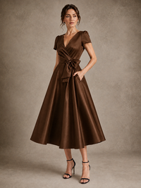V-Neck Tea-Length Satin Mother of the Bride Dress with Bow