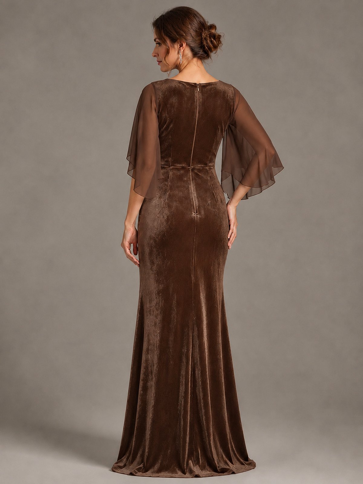 Navy Blue Velvet V Neck Mermaid Formal Dress with Flutter Cape Sleeves
