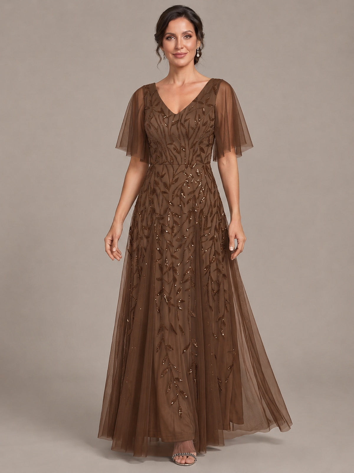 V-Neck Sequin Tulle Mother of the Bride Dress with Flutter Sleeve
