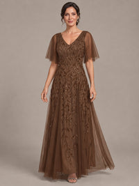 V-Neck Sequin Tulle Mother of the Bride Dress with Flutter Sleeve