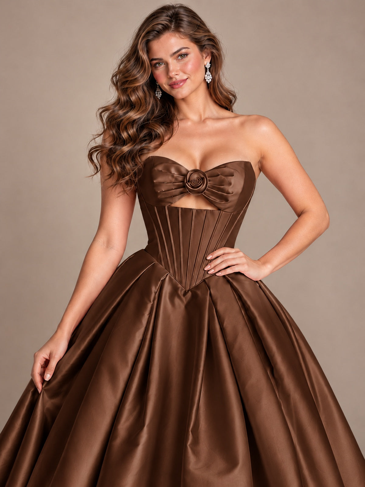 Pink Strapless Corset Satin Prom Derss & Ball Gown with 3D Floral