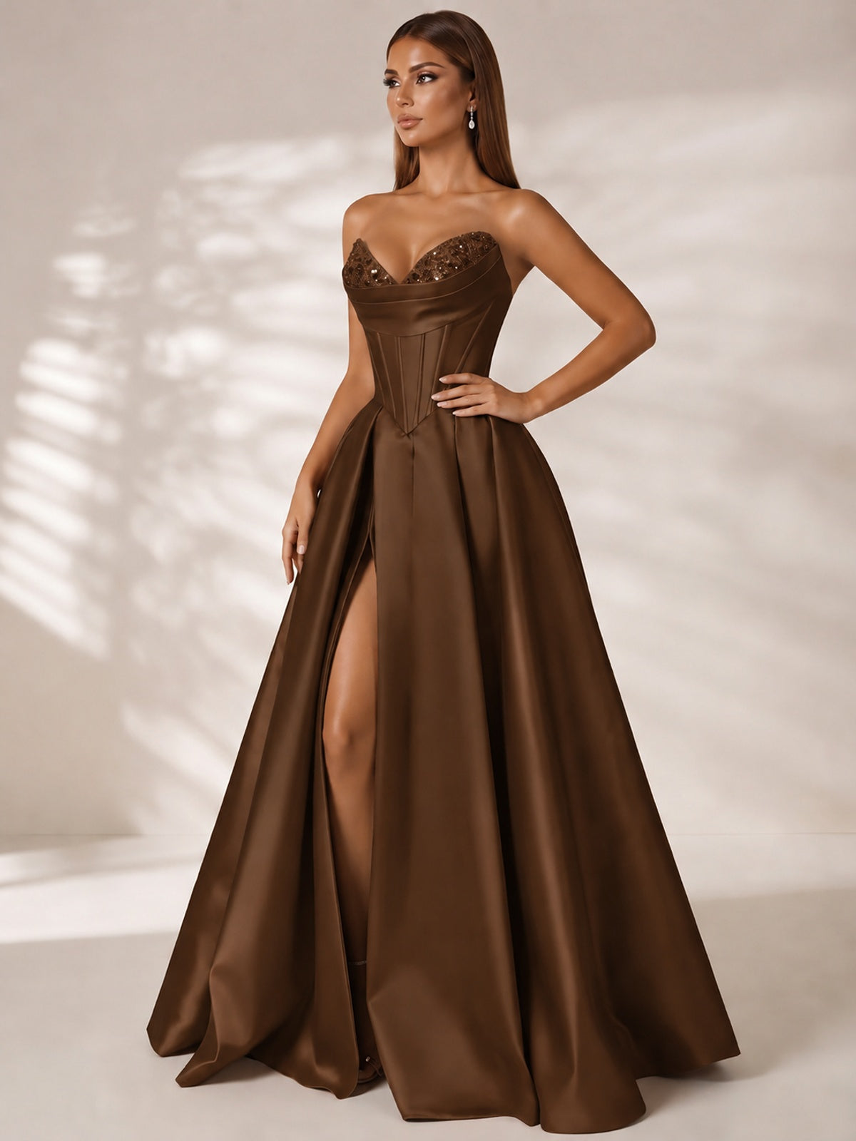 Strapless Corset Satin Prom Dress Long Evening Gown with High Slit