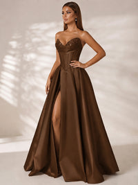 Strapless Corset Satin Prom Dress Long Evening Gown with High Slit