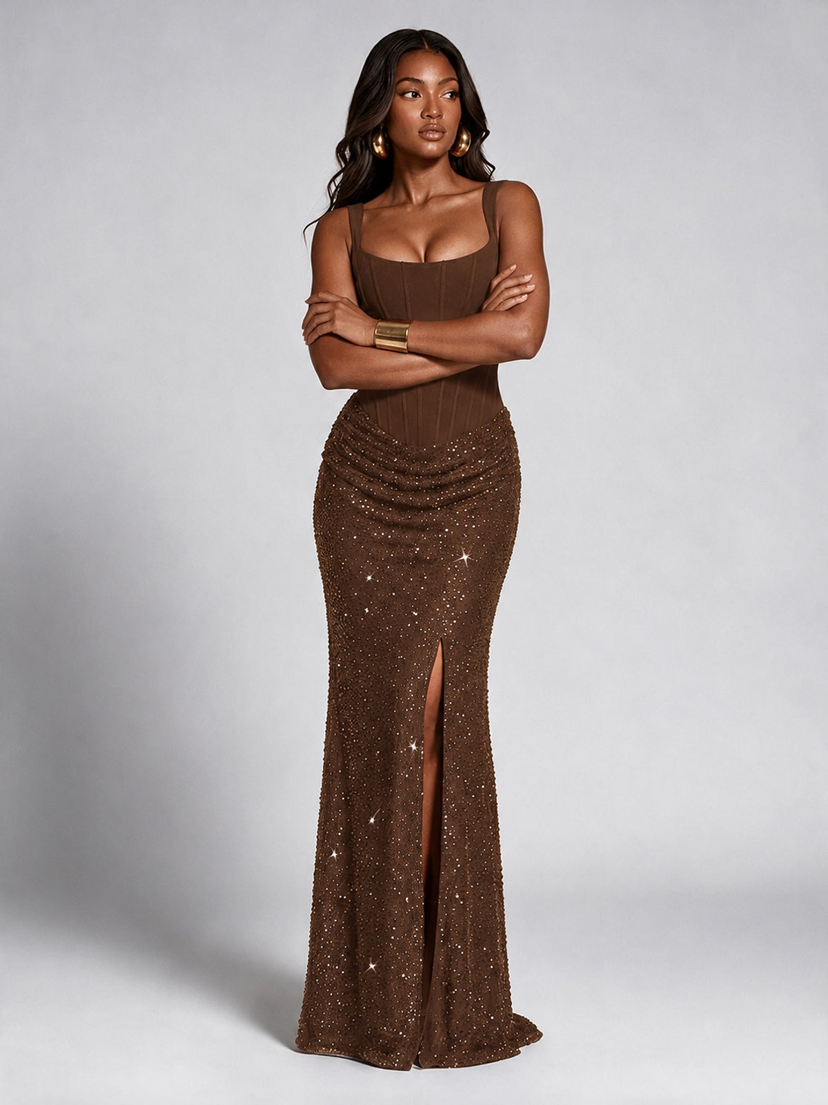 Sequin Corset Mermaid Prom Dress with Square Neck Wide Strap High Slit