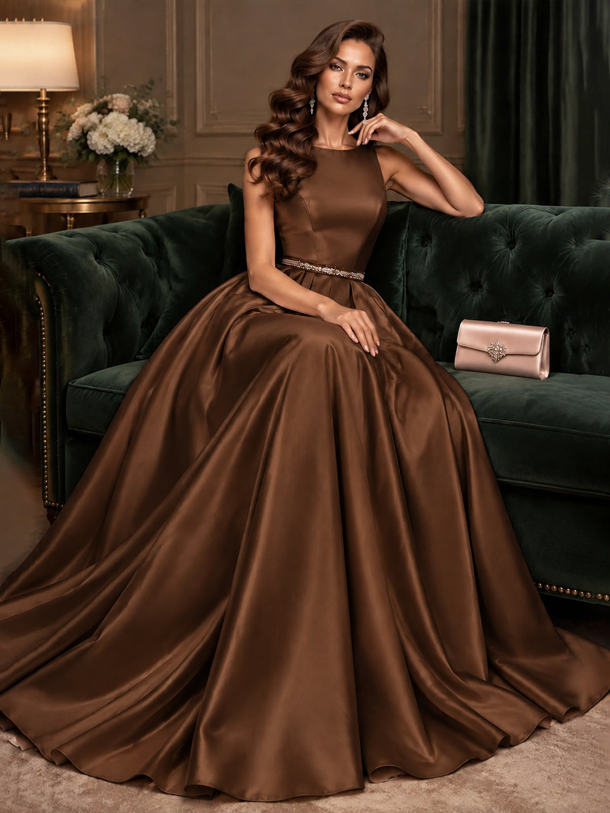 Satin A-Line Prom Dress Sleeveless Beaded Waist Formal Gown with Pockets