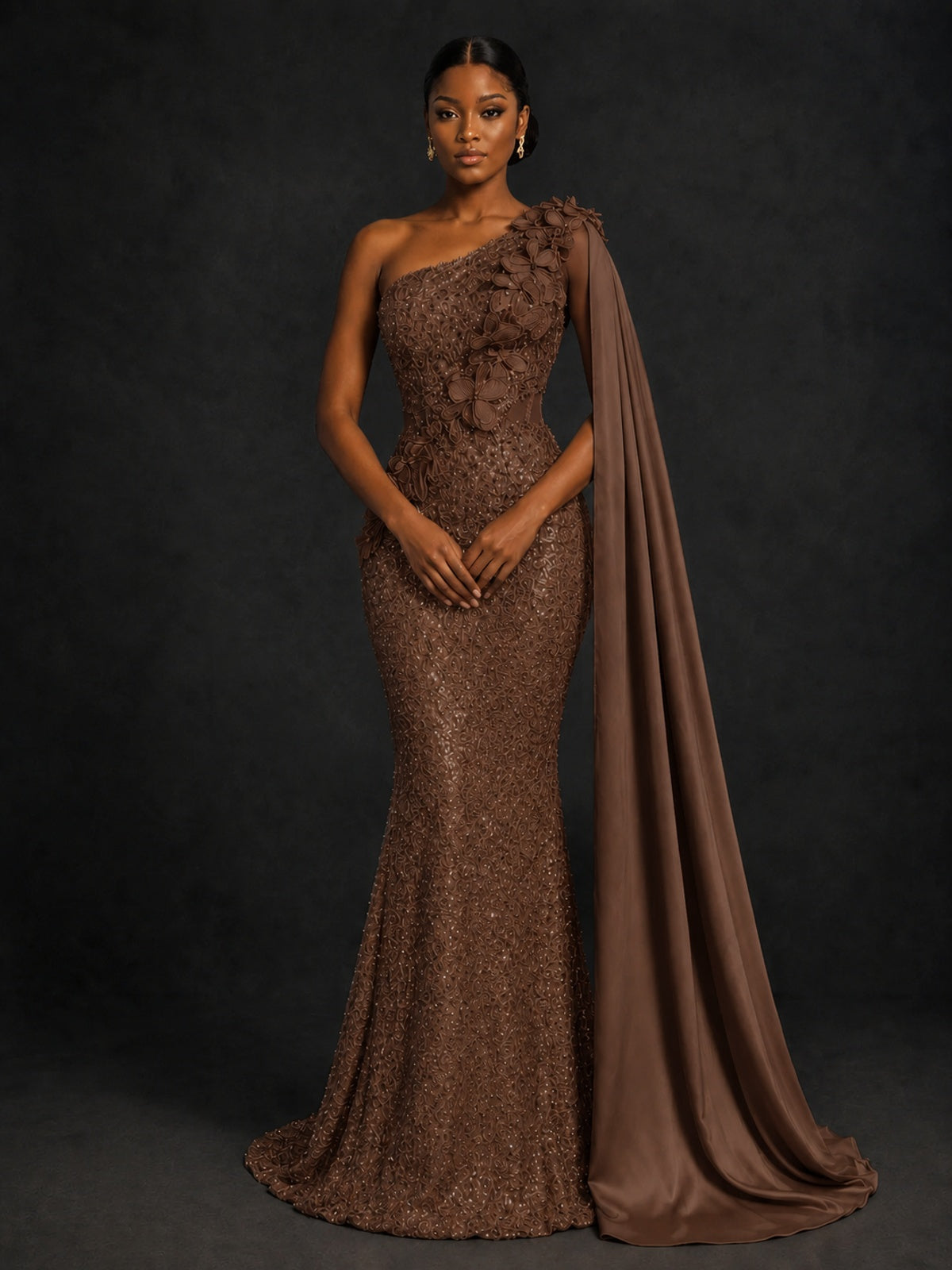 Gold Sequin One Shoulder Mermaid Prom Dress with Cape