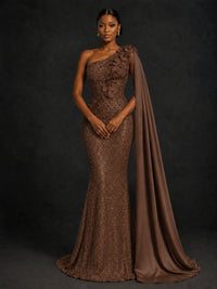 Gold Sequin One Shoulder Mermaid Prom Dress with Cape