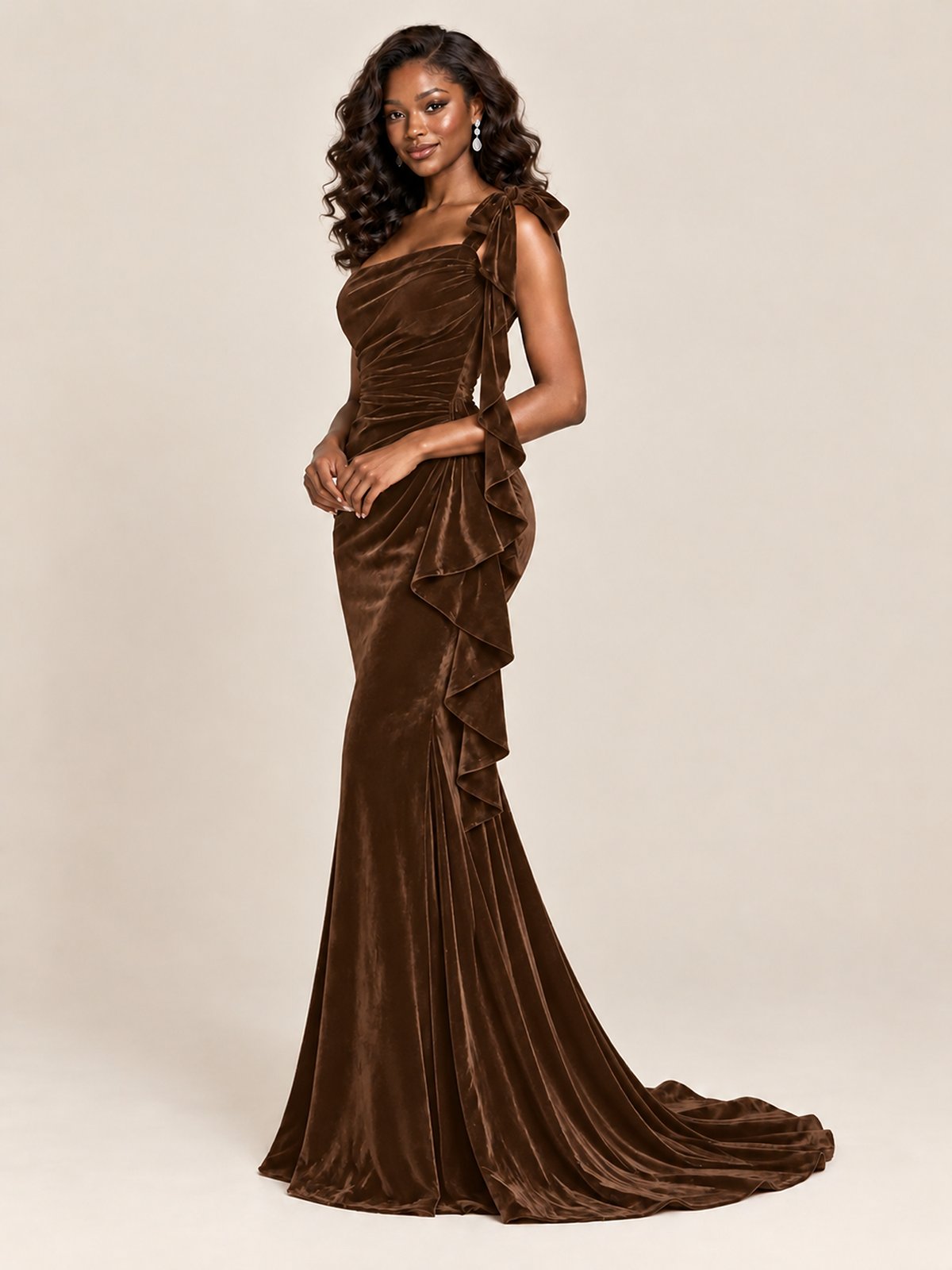 Black Velvet One-Shoulder Mermaid Evening Gown with Bow & Ruffles