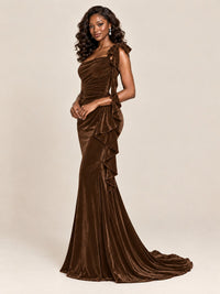 Black Velvet One-Shoulder Mermaid Evening Gown with Bow & Ruffles