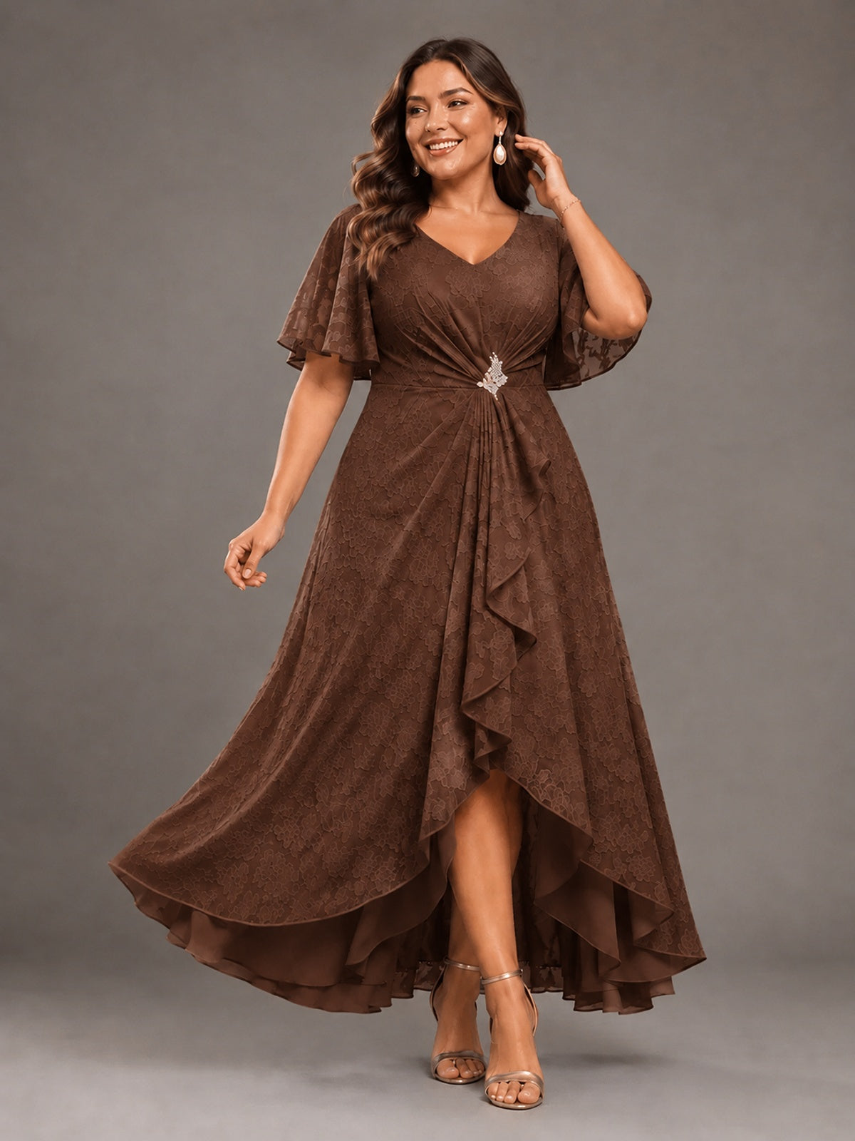 Jacquard Chiffon A-Line V-Neck High-Low Mother of the Bride Dress